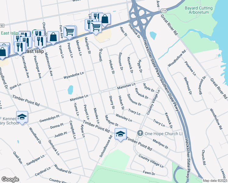 map of restaurants, bars, coffee shops, grocery stores, and more near 116 Manistee Lane in East Islip