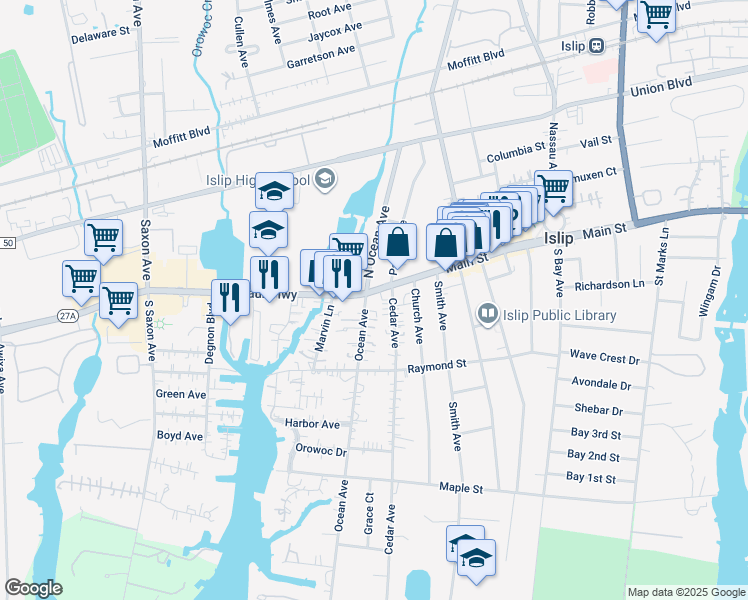 map of restaurants, bars, coffee shops, grocery stores, and more near 320 Main Street in Islip
