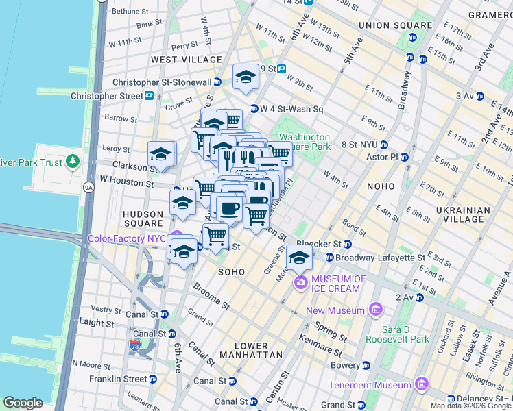 map of restaurants, bars, coffee shops, grocery stores, and more near 171 Thompson Street in New York