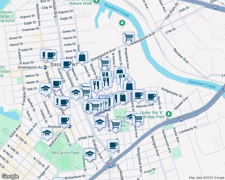 map of restaurants, bars, coffee shops, grocery stores, and more near 239 North Henry Street in Brooklyn