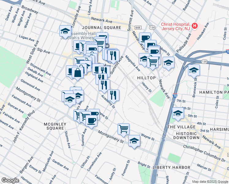 map of restaurants, bars, coffee shops, grocery stores, and more near 39 Newkirk Street in Jersey City