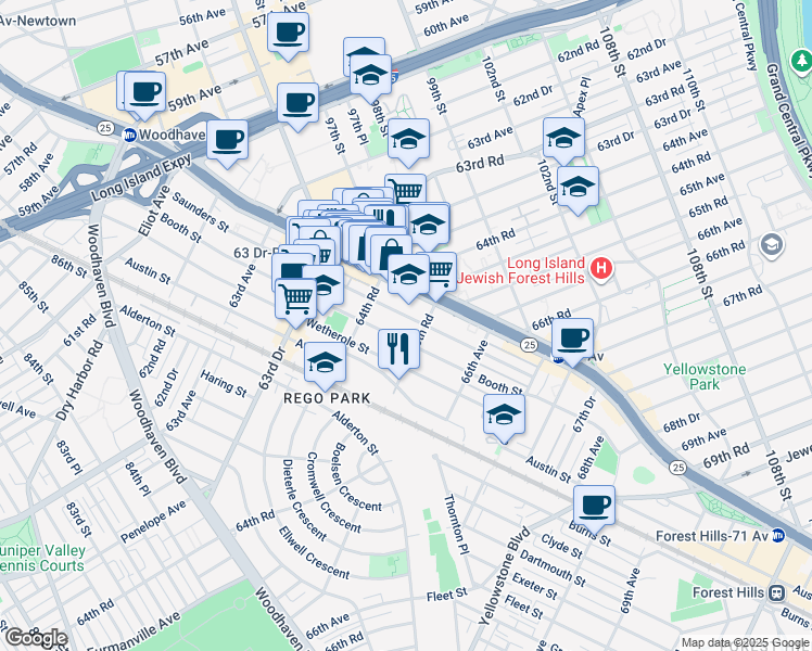 map of restaurants, bars, coffee shops, grocery stores, and more near 49 66th Road in Queens