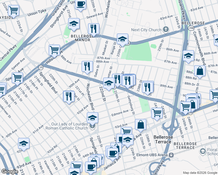 map of restaurants, bars, coffee shops, grocery stores, and more near 222-29 91st Road in Queens