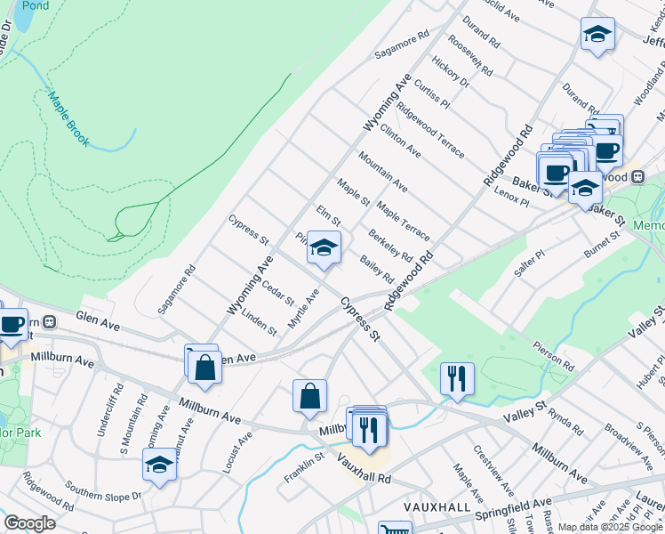 map of restaurants, bars, coffee shops, grocery stores, and more near 55 Myrtle Avenue in Millburn