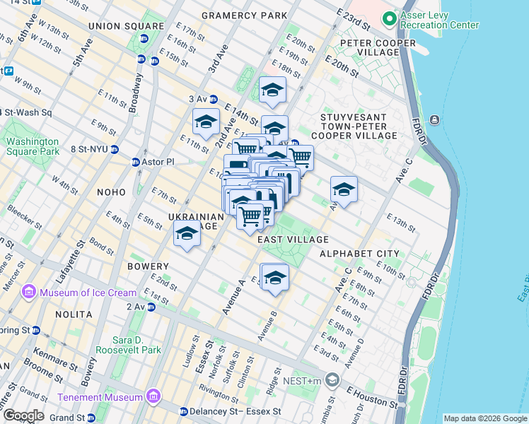 map of restaurants, bars, coffee shops, grocery stores, and more near 291 East 10th Street in New York