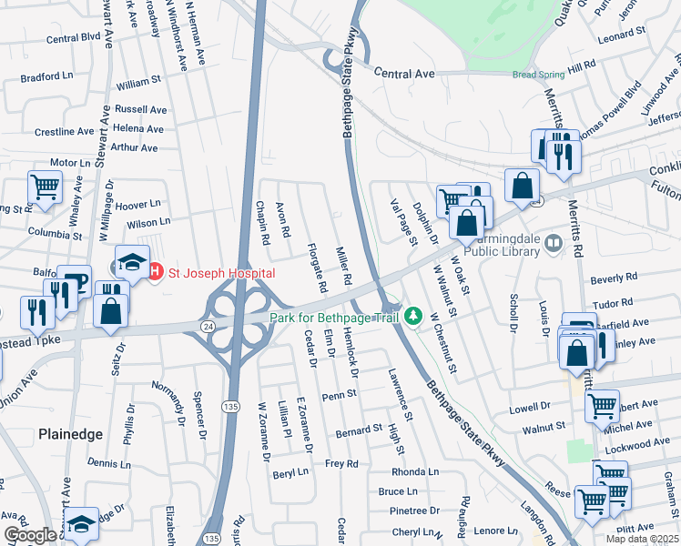 map of restaurants, bars, coffee shops, grocery stores, and more near 3 Andrew Road in Farmingdale