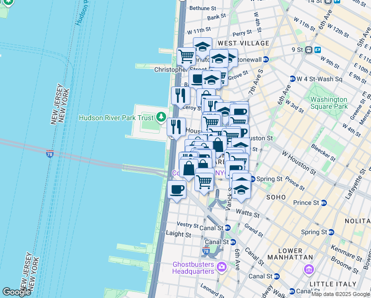 map of restaurants, bars, coffee shops, grocery stores, and more near 25 Washington Street in New York
