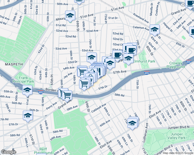 map of restaurants, bars, coffee shops, grocery stores, and more near 7009 Grand Avenue in Queens