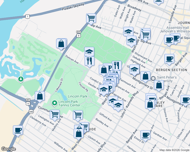 map of restaurants, bars, coffee shops, grocery stores, and more near 251 Duncan Avenue in Jersey City