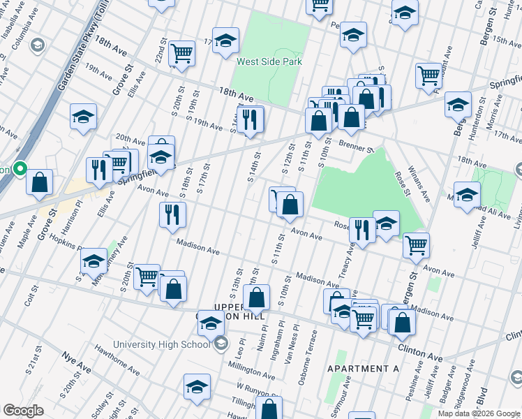 map of restaurants, bars, coffee shops, grocery stores, and more near 739 South 12th Street in Newark