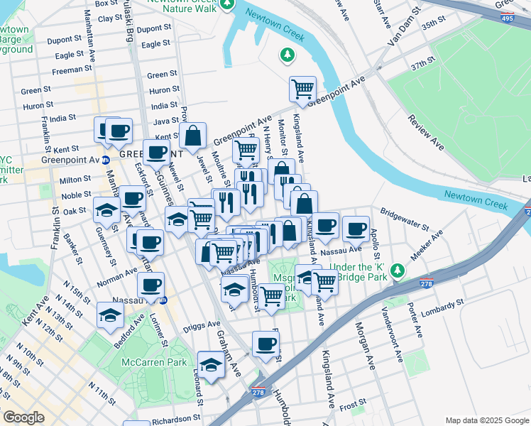 map of restaurants, bars, coffee shops, grocery stores, and more near 239 North Henry Street in Brooklyn