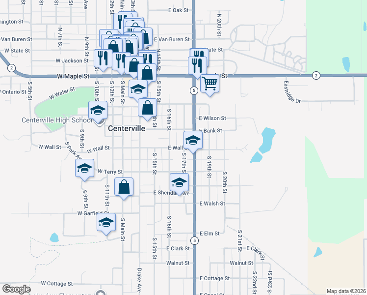 map of restaurants, bars, coffee shops, grocery stores, and more near 599 E Wall St in Centerville