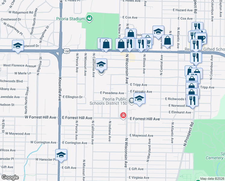 map of restaurants, bars, coffee shops, grocery stores, and more near 522 East Tripp Avenue in Peoria