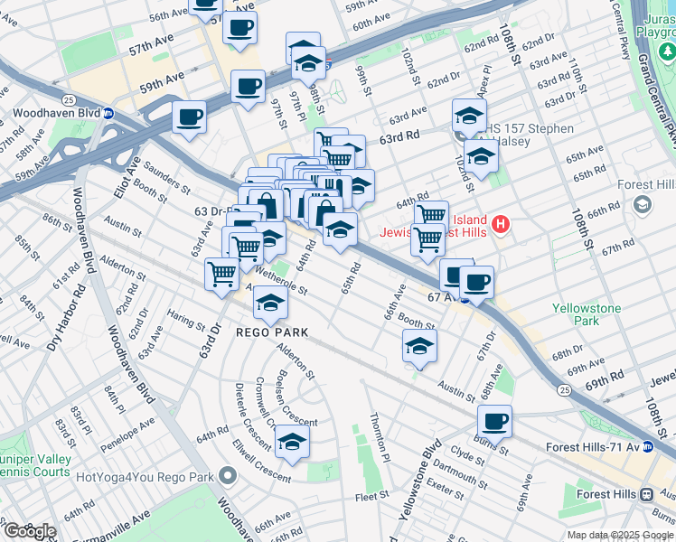map of restaurants, bars, coffee shops, grocery stores, and more near 64-74 Saunders Street in Queens