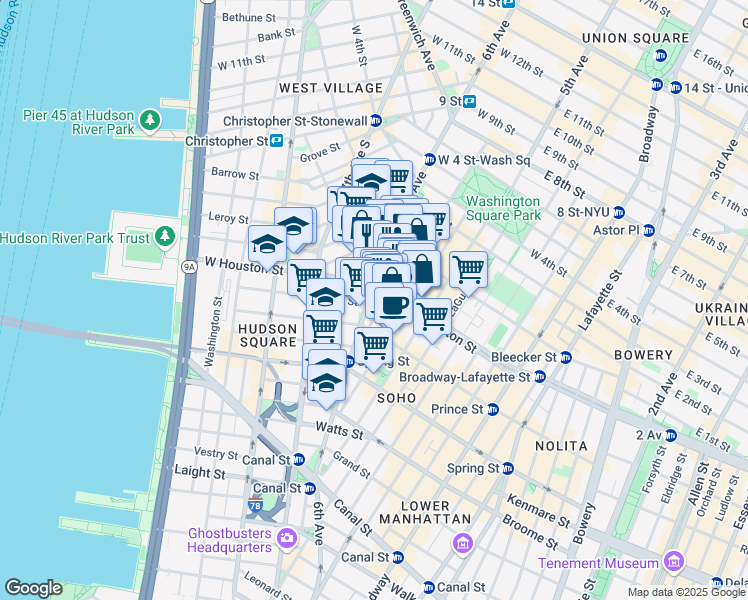 map of restaurants, bars, coffee shops, grocery stores, and more near 5 King Street in New York