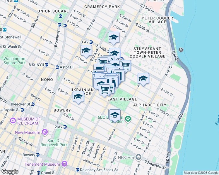 map of restaurants, bars, coffee shops, grocery stores, and more near 431 East 9th Street in New York