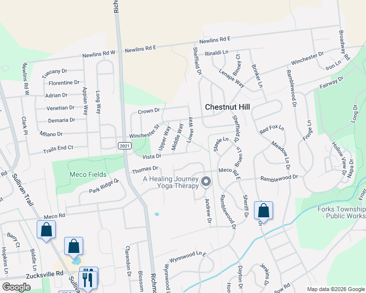 map of restaurants, bars, coffee shops, grocery stores, and more near 2590 Lower Way in Easton