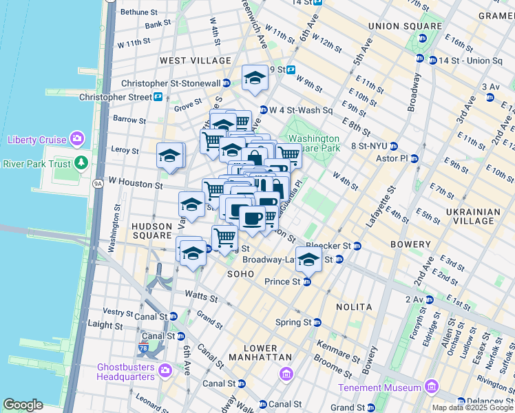 map of restaurants, bars, coffee shops, grocery stores, and more near 116 West Houston Street in New York