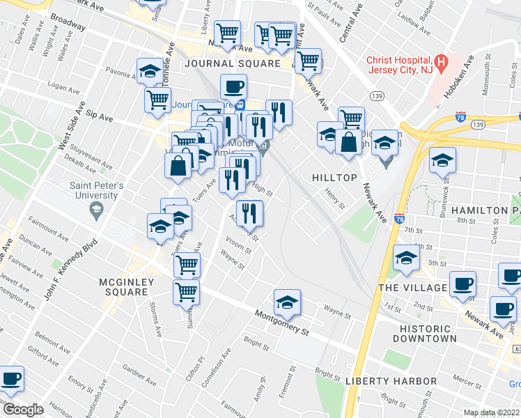map of restaurants, bars, coffee shops, grocery stores, and more near 165 Baldwin Avenue in Jersey City