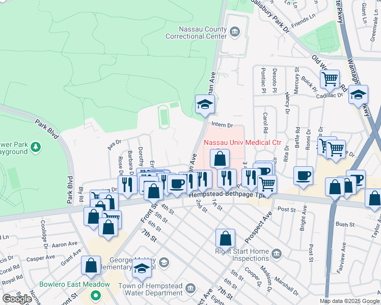 map of restaurants, bars, coffee shops, grocery stores, and more near 101 Carman Avenue in East Meadow