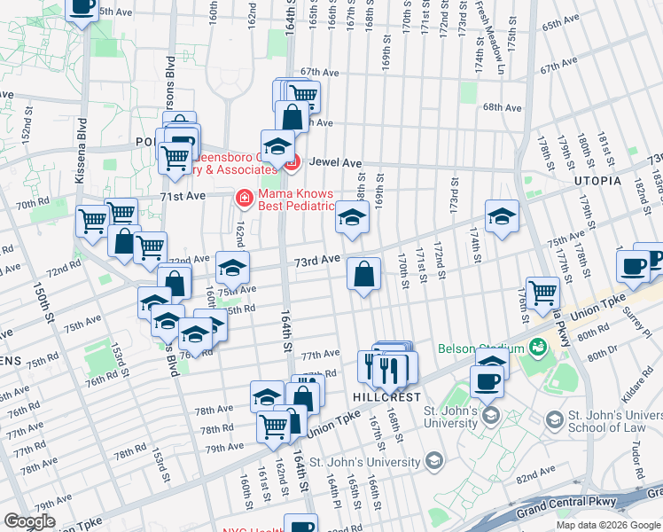 map of restaurants, bars, coffee shops, grocery stores, and more near 166-04 73rd Avenue in Queens
