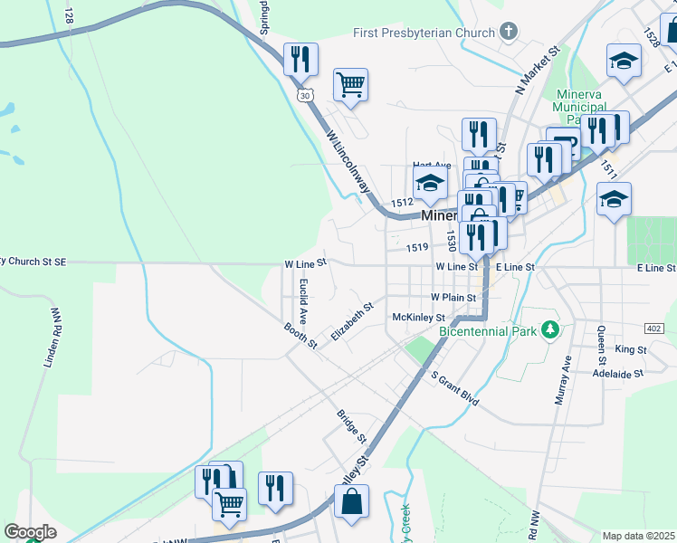 map of restaurants, bars, coffee shops, grocery stores, and more near 106 South Hilltop Drive in Minerva