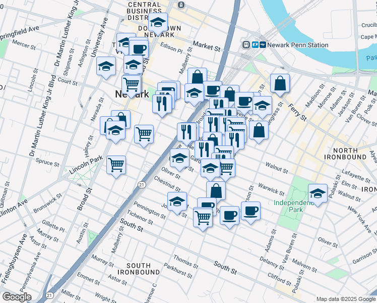map of restaurants, bars, coffee shops, grocery stores, and more near 23 New York Avenue in Newark
