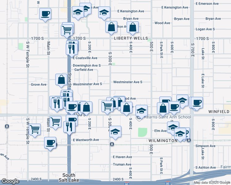 map of restaurants, bars, coffee shops, grocery stores, and more near 310 Ramona Avenue in Salt Lake City