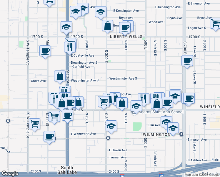 map of restaurants, bars, coffee shops, grocery stores, and more near 310 Ramona Avenue in Salt Lake City