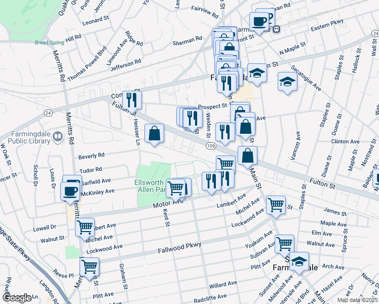 map of restaurants, bars, coffee shops, grocery stores, and more near 16 Gwynne Lane in Farmingdale