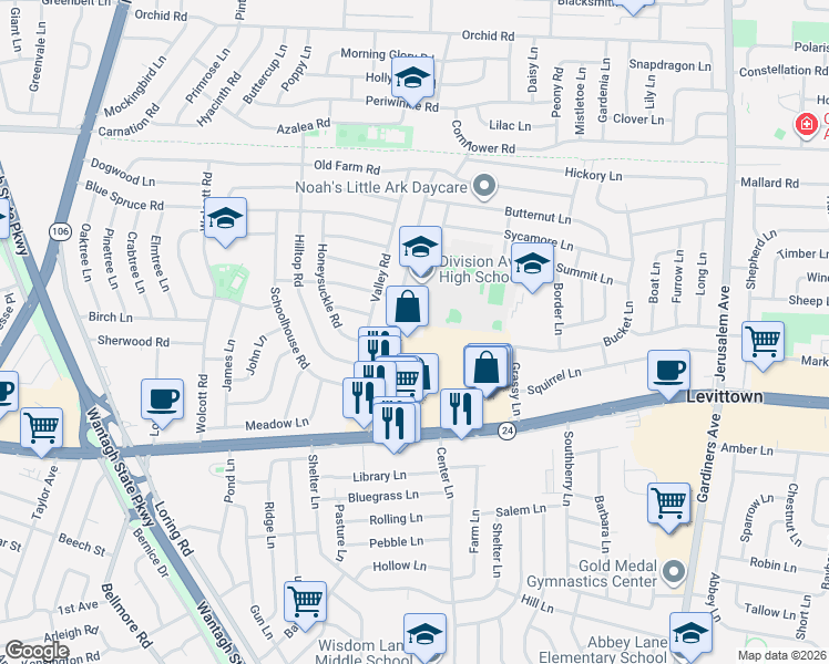 map of restaurants, bars, coffee shops, grocery stores, and more near 117 Division Avenue in Levittown