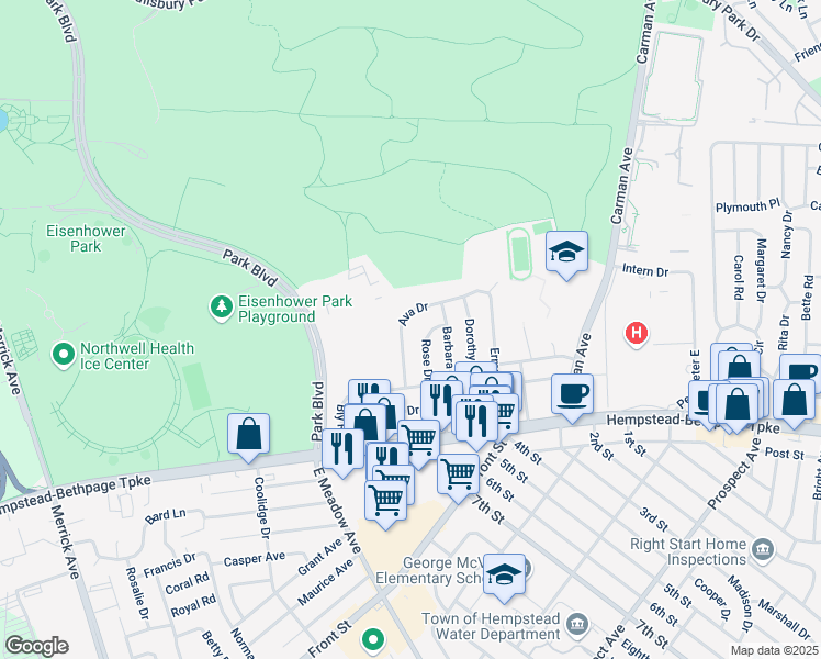 map of restaurants, bars, coffee shops, grocery stores, and more near 126 Ava Drive in East Meadow
