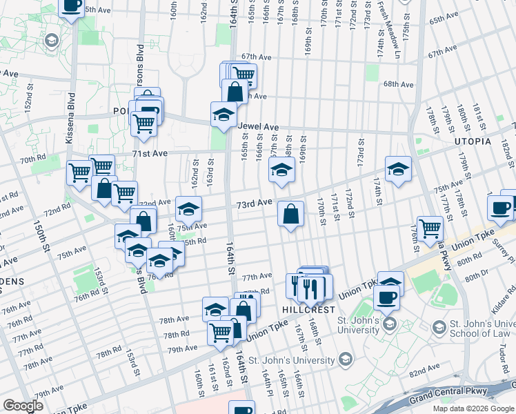 map of restaurants, bars, coffee shops, grocery stores, and more near 166-04 73rd Avenue in Queens