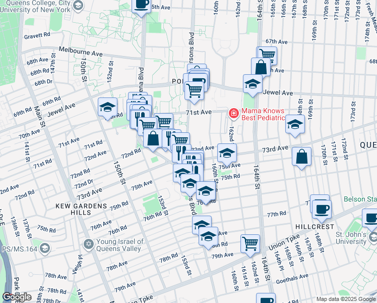map of restaurants, bars, coffee shops, grocery stores, and more near 158-13 72nd Avenue in Queens