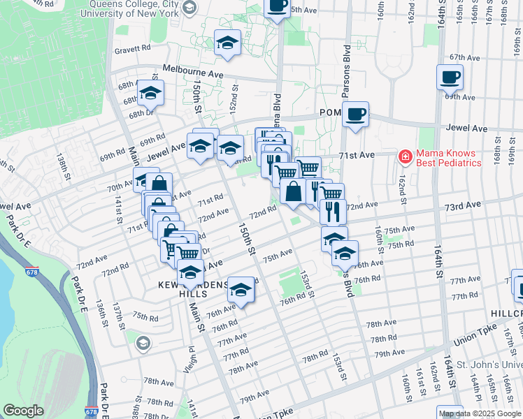 map of restaurants, bars, coffee shops, grocery stores, and more near 150-29 72nd Road in Queens