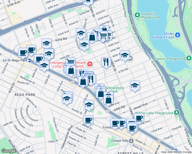 map of restaurants, bars, coffee shops, grocery stores, and more near 102-31 67th Avenue in Queens