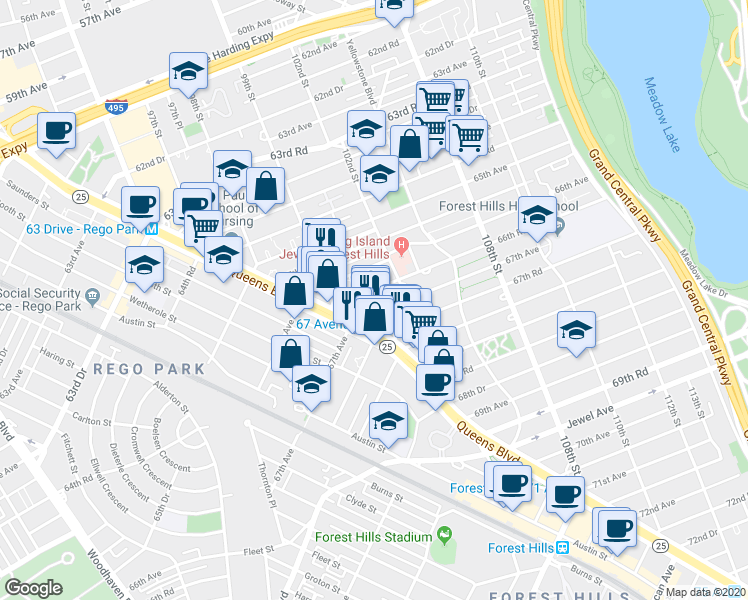 map of restaurants, bars, coffee shops, grocery stores, and more near 9952 66th Road in Queens