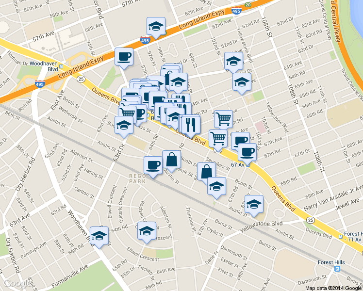 map of restaurants, bars, coffee shops, grocery stores, and more near 9714 65th Road in Queens