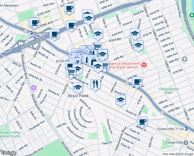 map of restaurants, bars, coffee shops, grocery stores, and more near 49 66th Road in Queens