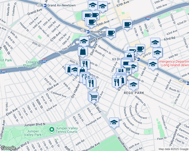 map of restaurants, bars, coffee shops, grocery stores, and more near 62-05 Alderton Street in Queens