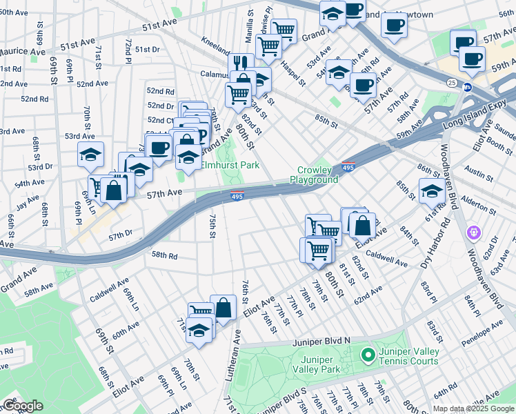 map of restaurants, bars, coffee shops, grocery stores, and more near 57-32 78th Street in Queens