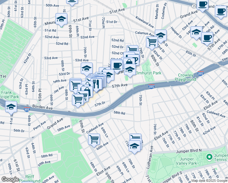 map of restaurants, bars, coffee shops, grocery stores, and more near 72-30 57th Avenue in Queens