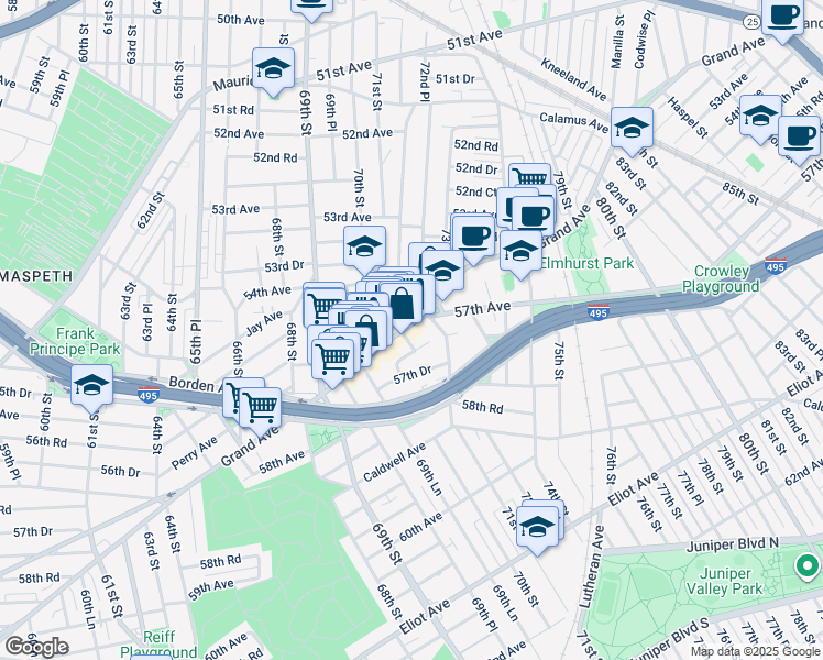 map of restaurants, bars, coffee shops, grocery stores, and more near 71-20 Grand Avenue in Queens