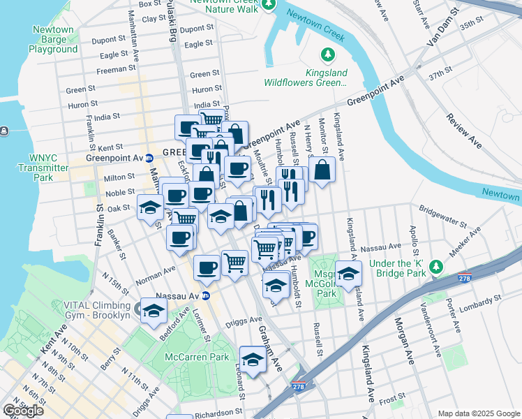 map of restaurants, bars, coffee shops, grocery stores, and more near 80 Jewel Street in Brooklyn