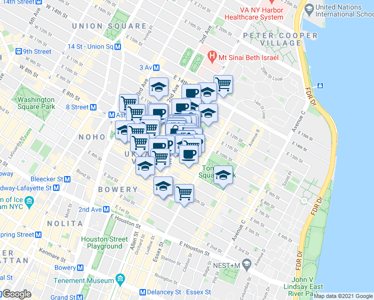 map of restaurants, bars, coffee shops, grocery stores, and more near 246 East 10th Street in New York