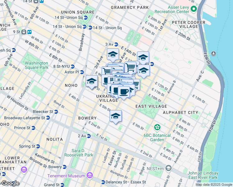 map of restaurants, bars, coffee shops, grocery stores, and more near 69 Saint Marks Place in New York