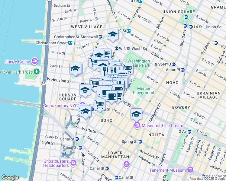 map of restaurants, bars, coffee shops, grocery stores, and more near 171 Sullivan Street in New York