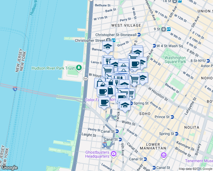 map of restaurants, bars, coffee shops, grocery stores, and more near 375 Hudson Street in New York