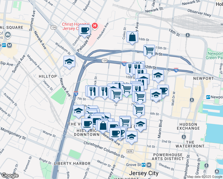 map of restaurants, bars, coffee shops, grocery stores, and more near in Jersey City