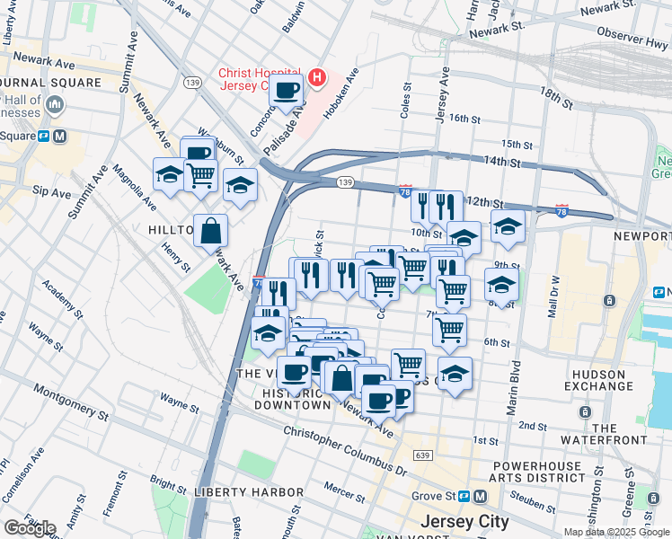 map of restaurants, bars, coffee shops, grocery stores, and more near 331 1/2 Pavonia Avenue in Jersey City